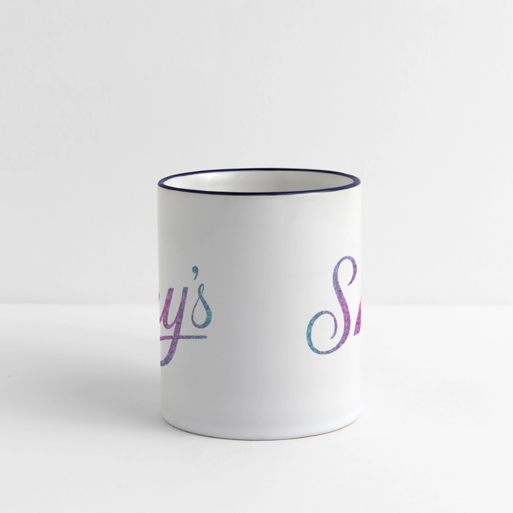 Mug robuste en céramique Sky's original blanc avec anse large et bord bleu, idéal pour thé ou café, 325 ml, lavable au lave-vaisselle.