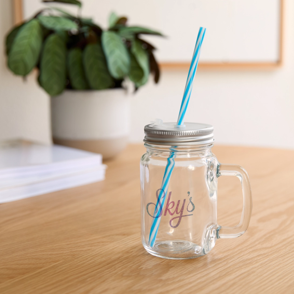 Bocal en verre vintage Sky's bokiz avec anse, couvercle à visser et paille réutilisable bleu et blanc, 400 ml.