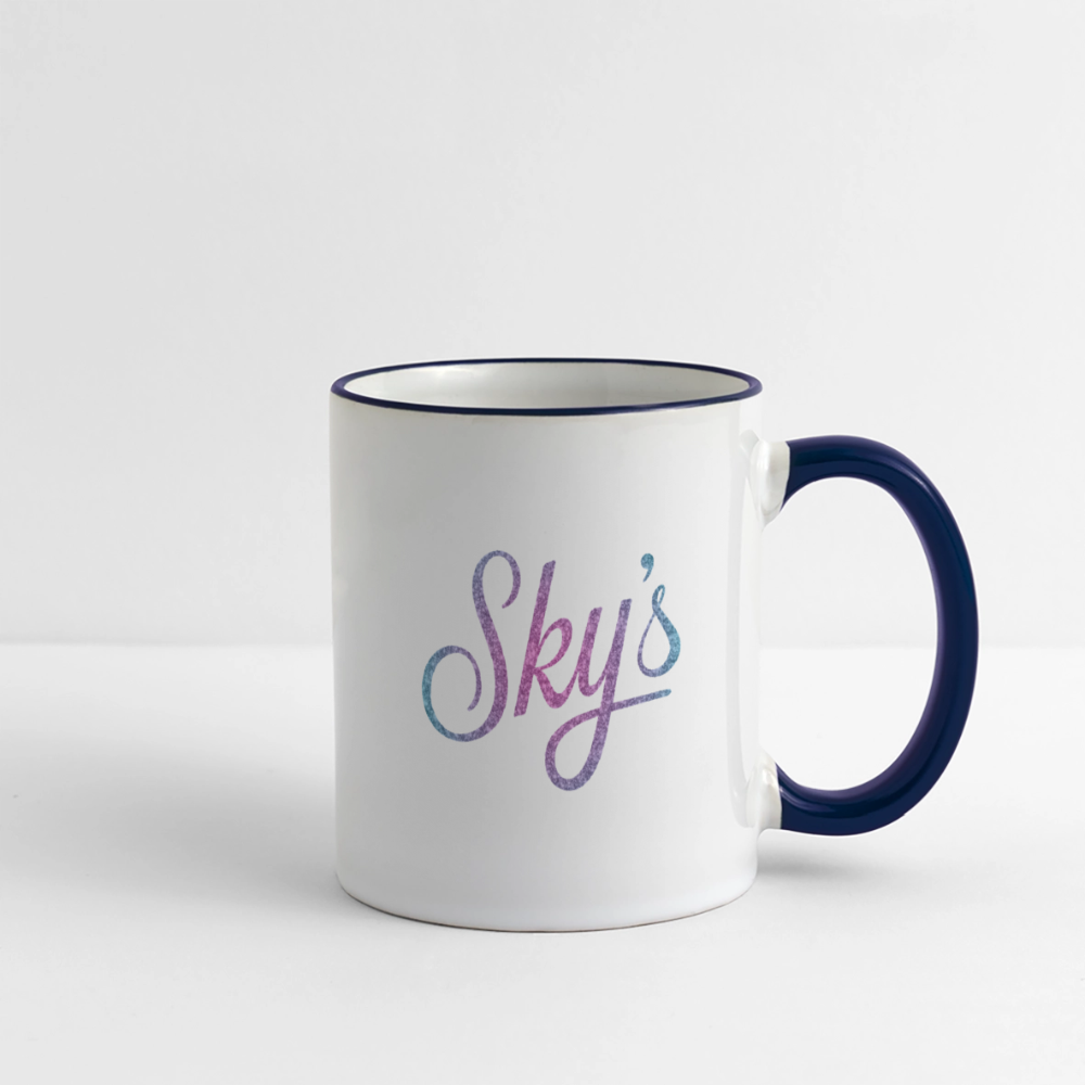 Mug céramique blanc avec anse bleue et inscription Sky's original, robuste et idéal pour thé ou café.
