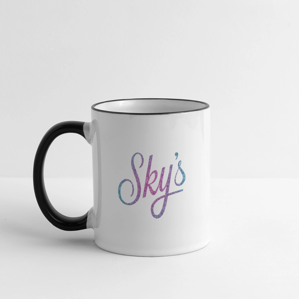Mug céramique blanc avec anse noire et inscription colorée "Sky's original", mug robuste et lavable au lave-vaisselle, contenance 325 ml.