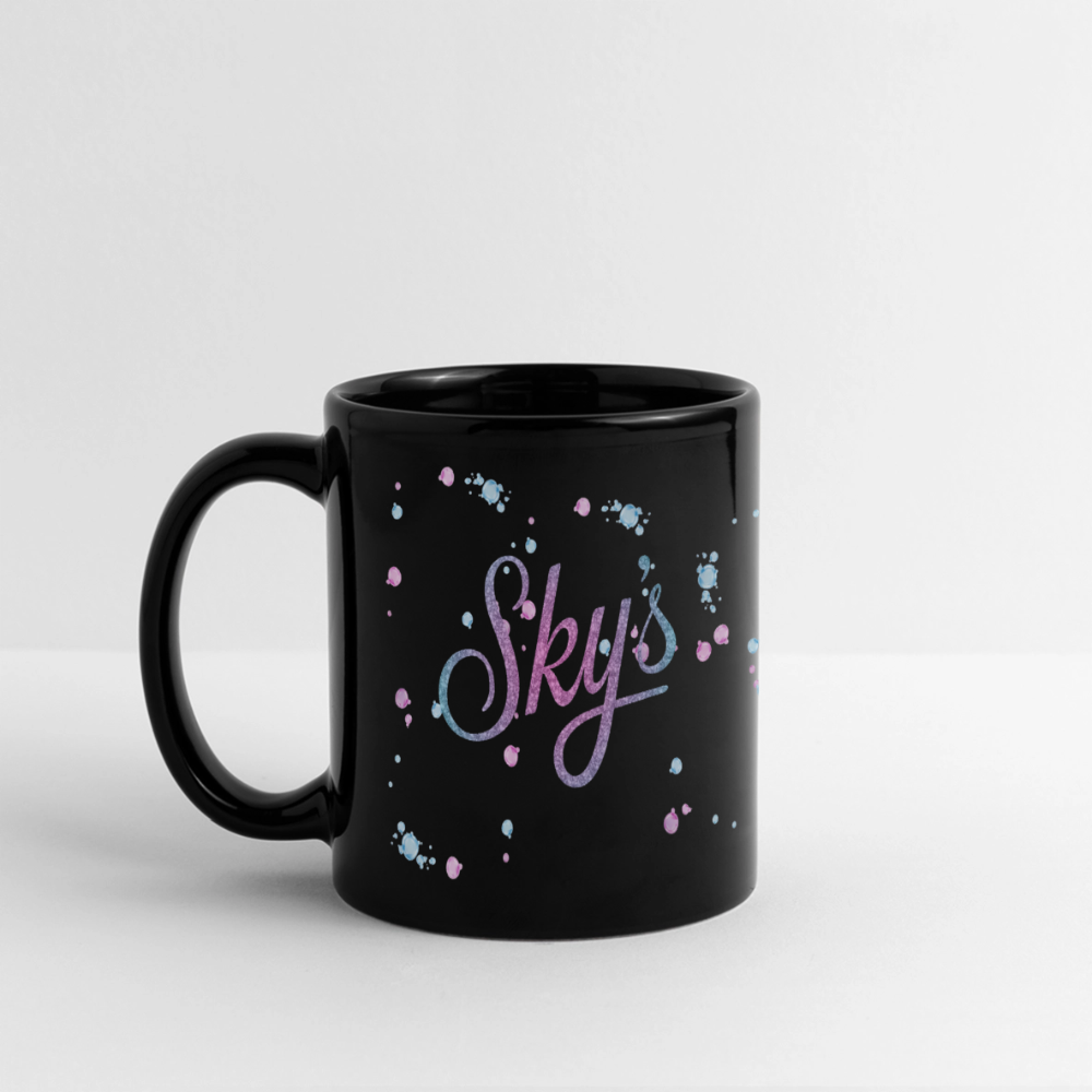 Mug céramique noir Sky's bullôm avec design coloré résistant aux rayures et UV, contenance 325 ml, anse large.