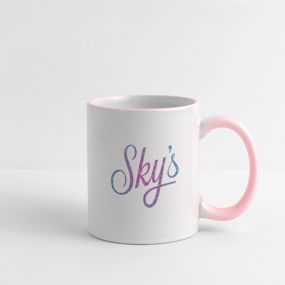 Mug en céramique blanc et rose "Sky's original" avec anse large, robuste et lavable au lave-vaisselle, idéal pour café ou thé.