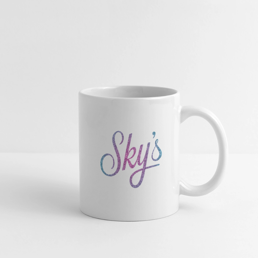 Mug en céramique blanc robuste Sky's original avec anse large, 325 ml, design imprimé anti-rayures et anti-UV, idéal pour café ou thé.