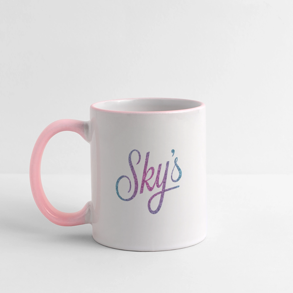 Mug céramique Sky's original blanc avec anse rose, design robuste et contenance 325 ml, idéal café et thé.
