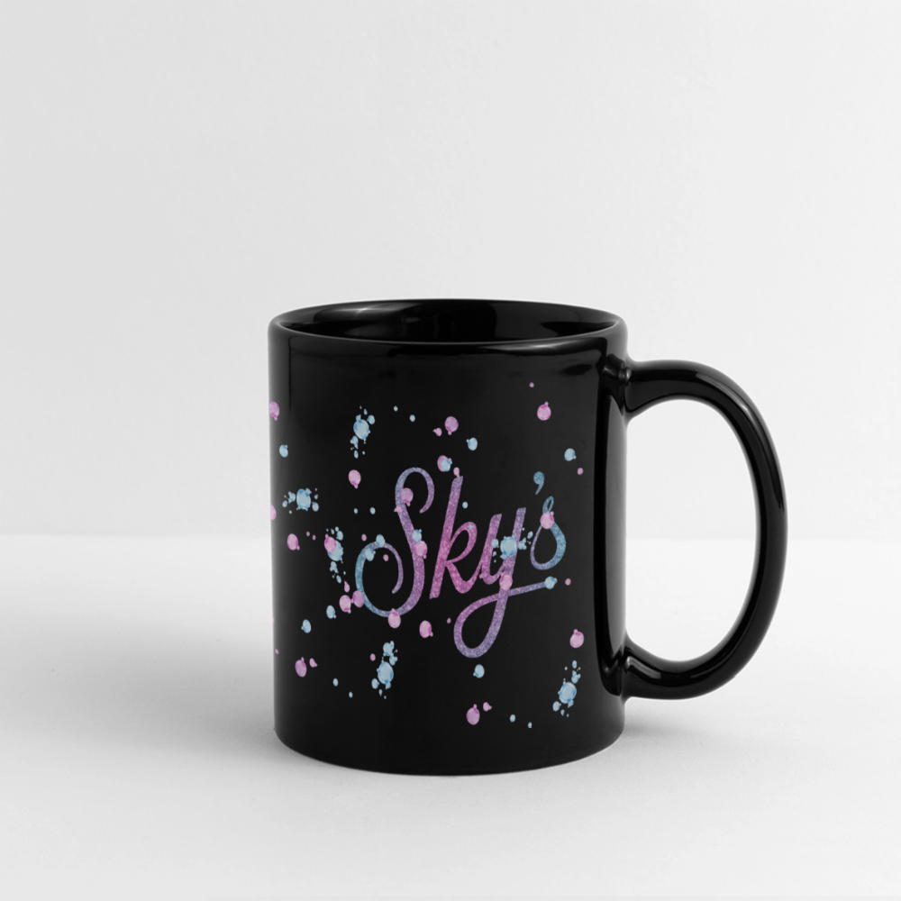 Mug en céramique noir avec inscription colorée "Sky's bullôm" et éclaboussures pastel, contenance 325 ml, anse large, résistant aux rayures et UV.