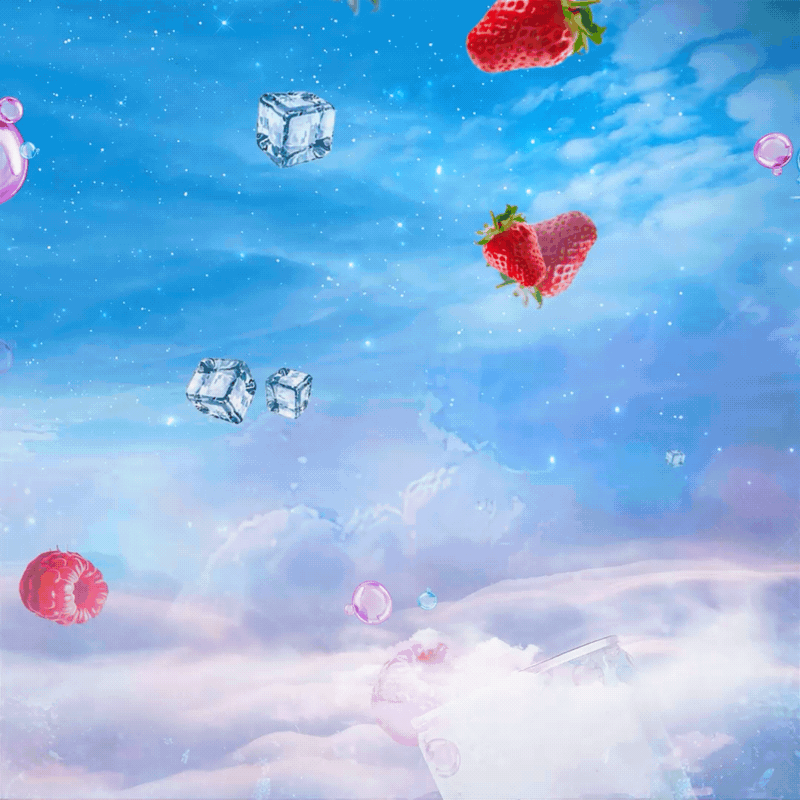 Bonbons à boire Sky's aux saveurs fruitées, fraises, framboises et glace dans un ciel bleu nuageux.