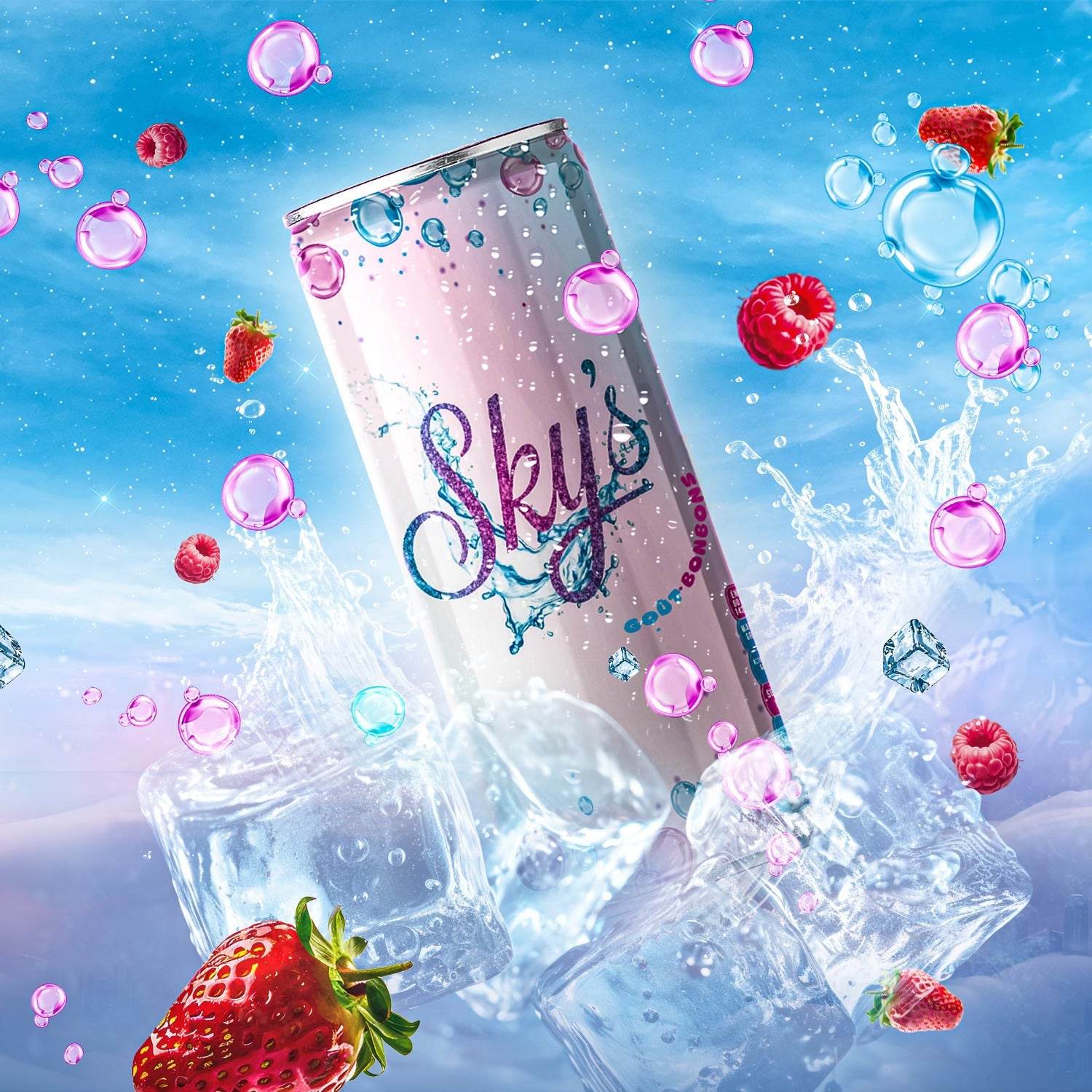Boisson Sky's aux saveurs fruitées avec fraises et framboises, canette rafraîchissante entourée de glaçons et bulles.
