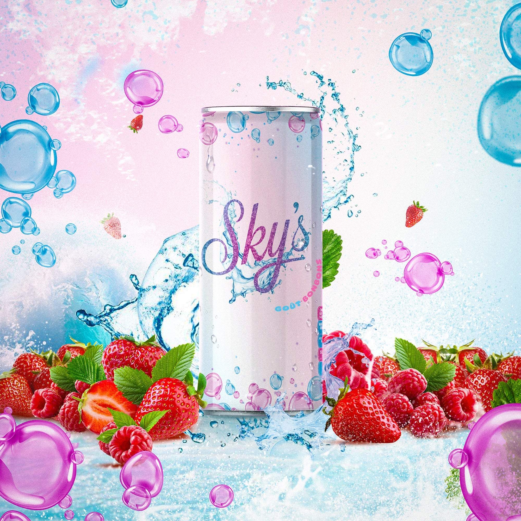 Boisson Sky's l'Unik saveurs fruitées avec fraises et framboises éclaboussures colorées