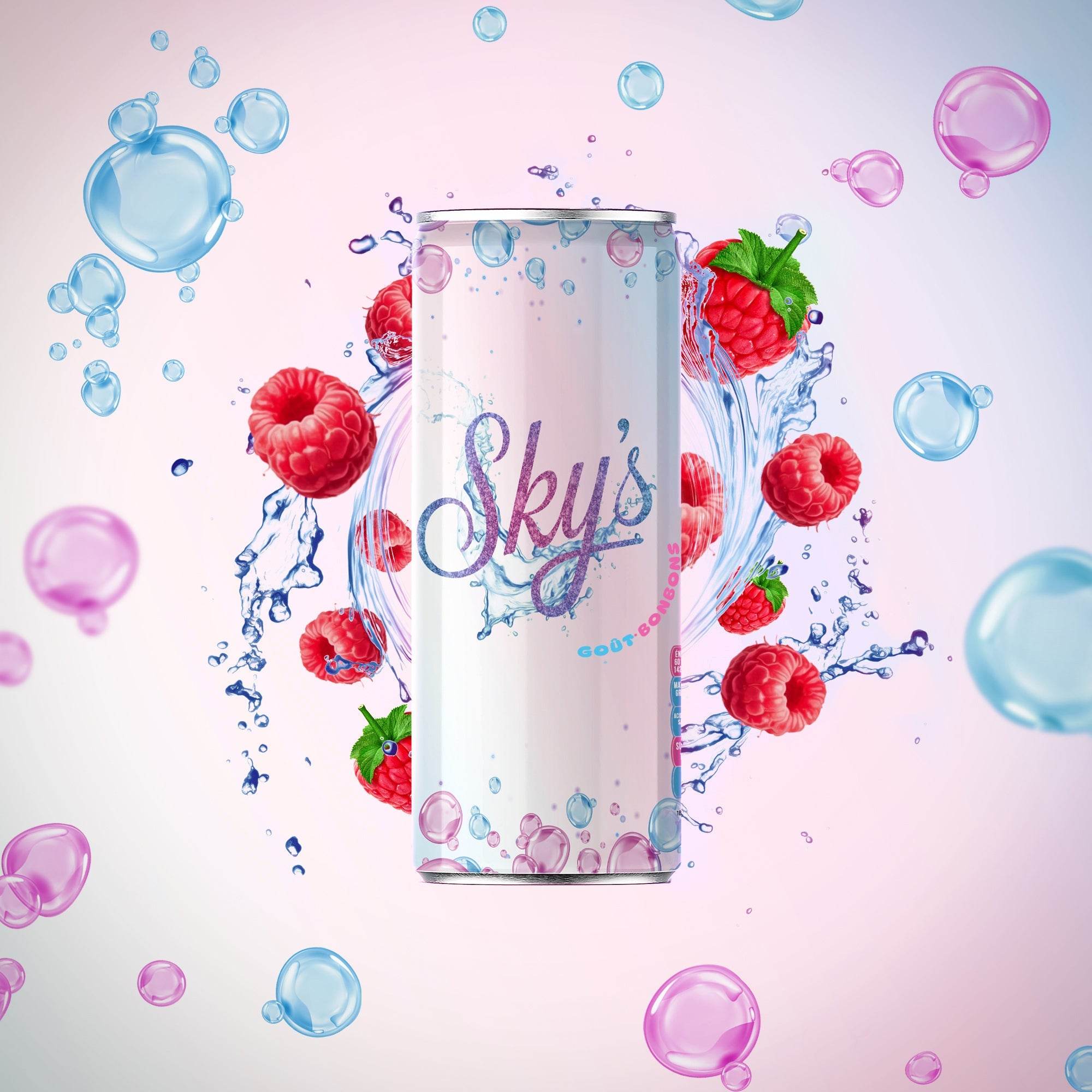 Canette de Sky's bonbon à boire aux saveurs fruitées avec framboises et bulles colorées.