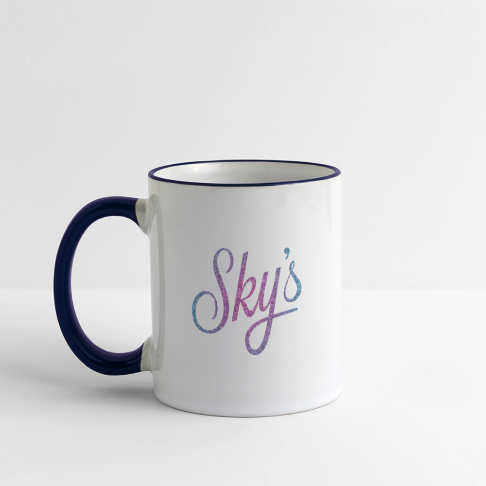 Mug céramique blanc Sky's original avec anse et bord bleu marine, design panoramique robuste, 325 ml.